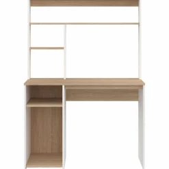 Bureau avec rangements blanc et bois façon hêtre