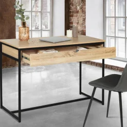 Bureau avec tiroir en métal noir et bois