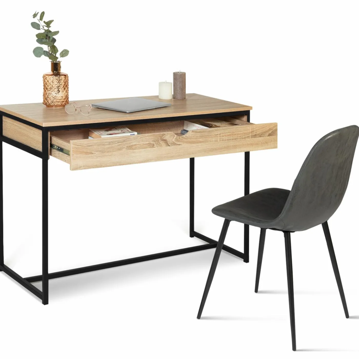 Bureau avec tiroir en métal noir et bois