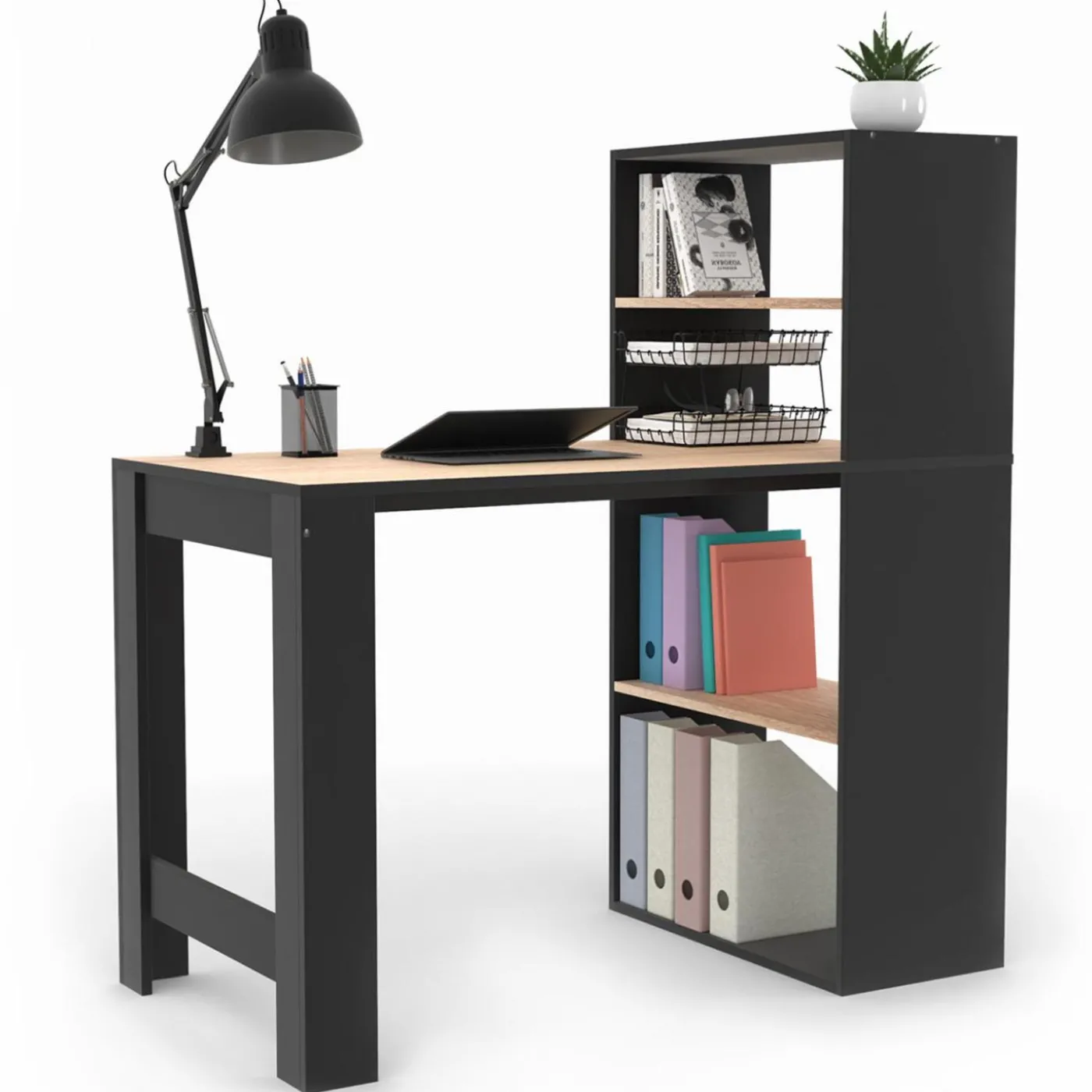 Bureau bibliothèque bois façon hêtre et noir
