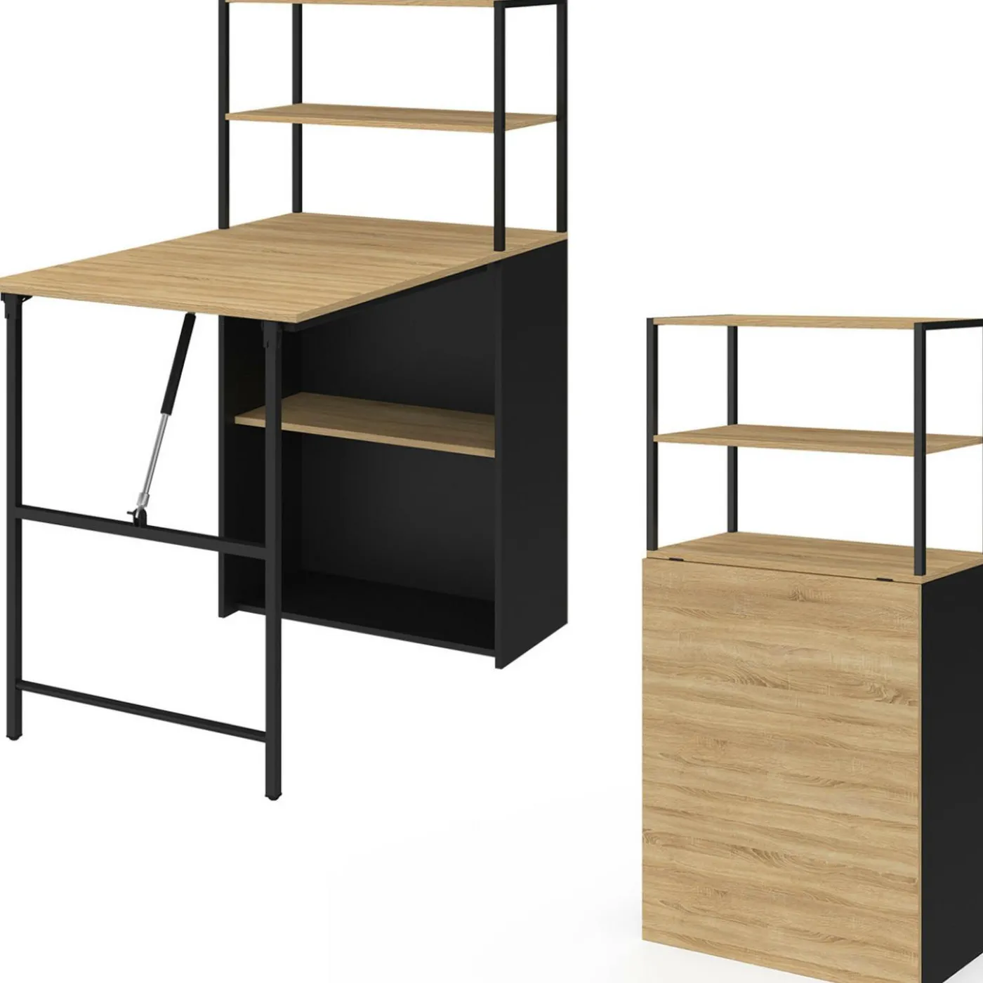 Bureau bibliothèque pliable plateau rabattable bois façon hêtre et noir