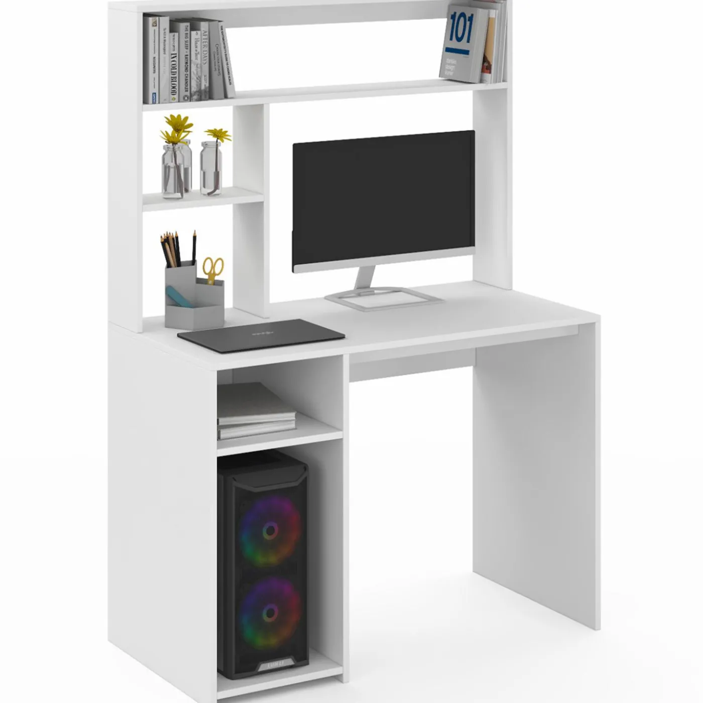 Bureau blanc avec étagères de rangement