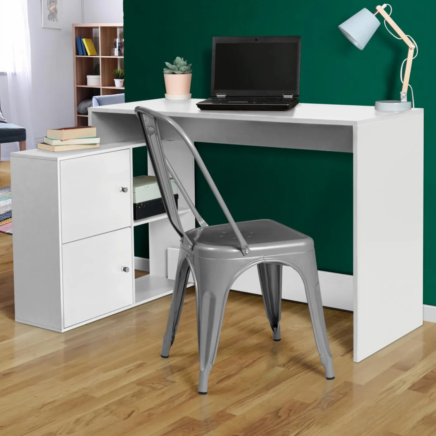 Bureau d'angle avec rangement blanc
