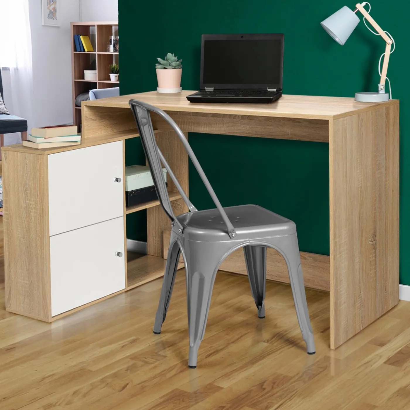 Bureau d’angle avec rangement bois imitation hêtre et blanc