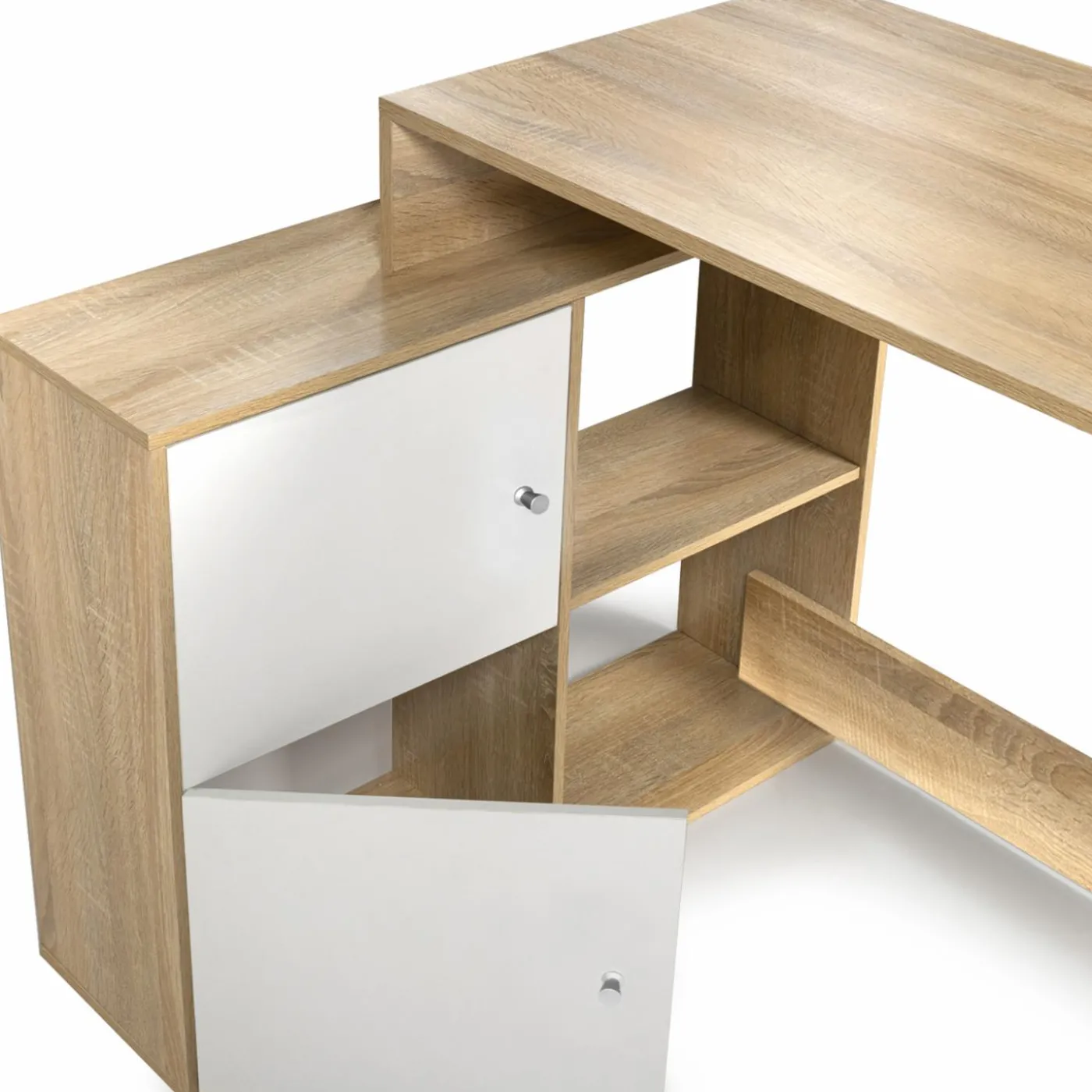 Bureau d’angle avec rangement bois imitation hêtre et blanc