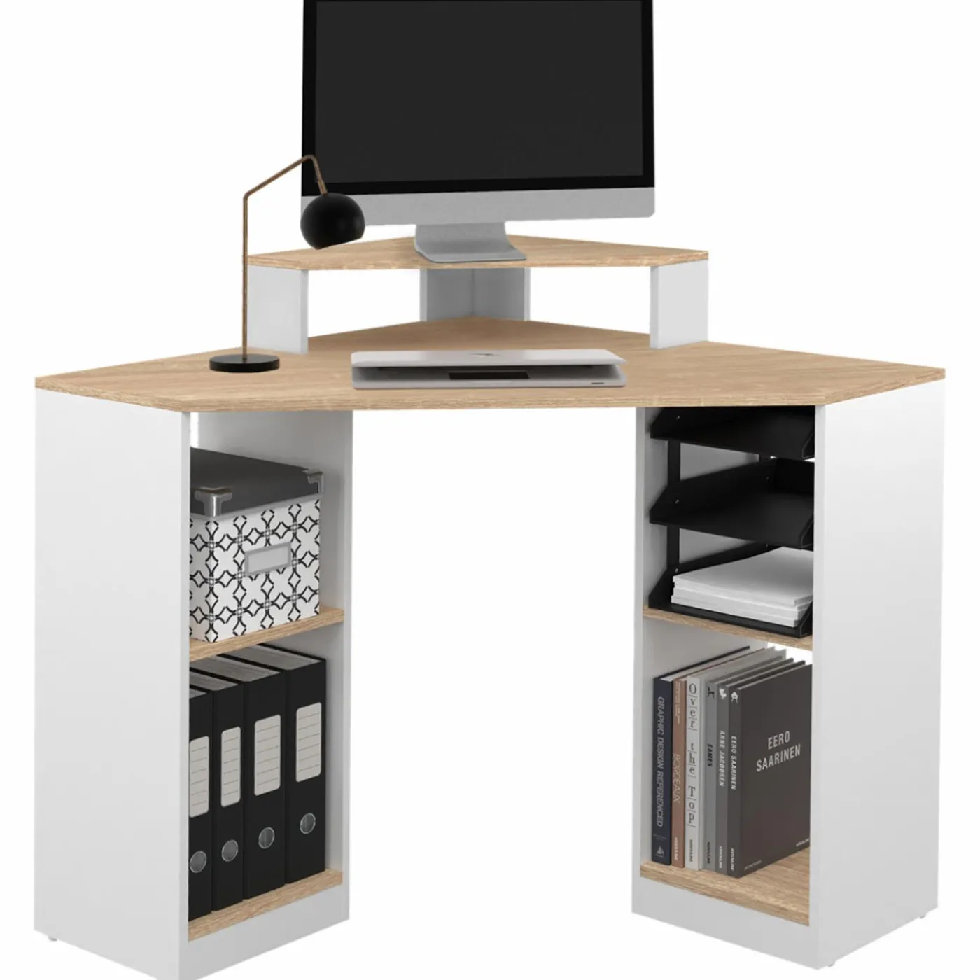 Bureau d'angle avec rangements blanc et façon hêtre