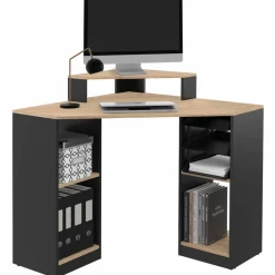 Bureau d'angle avec rangements noir et façon hêtre