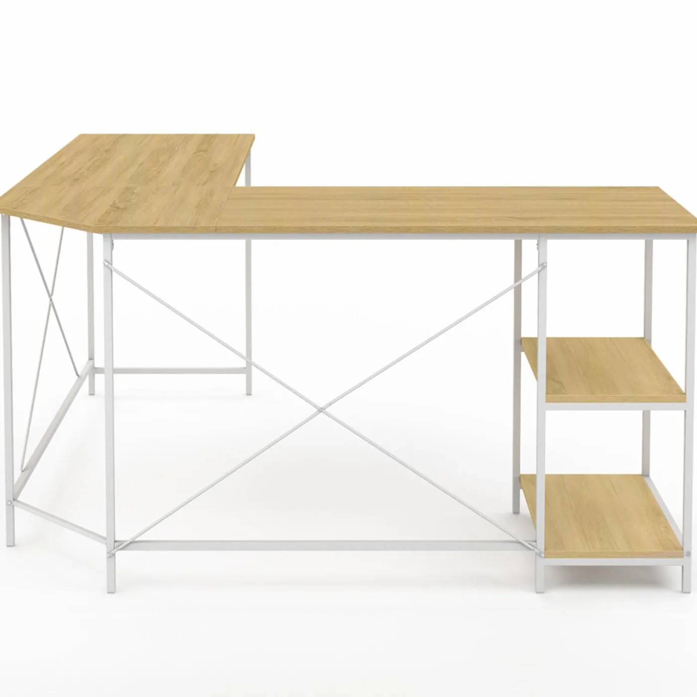 Bureau d'angle en bois et métal blanc en forme de L