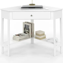 Bureau d'angle gain de place bureau informatique blanc avec rangements et 1 tiroir
