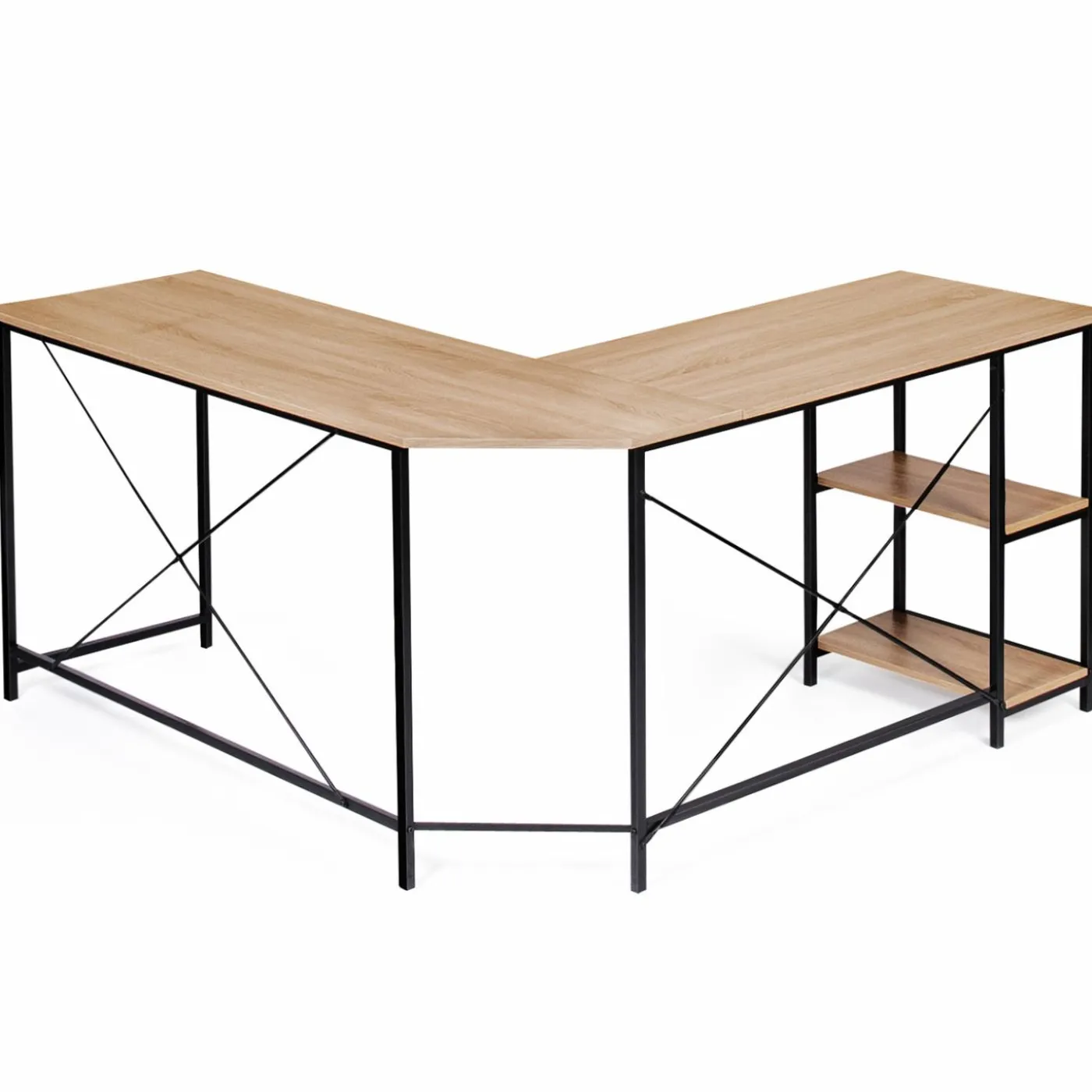 Bureau d’angle industriel avec étagère bois et métal