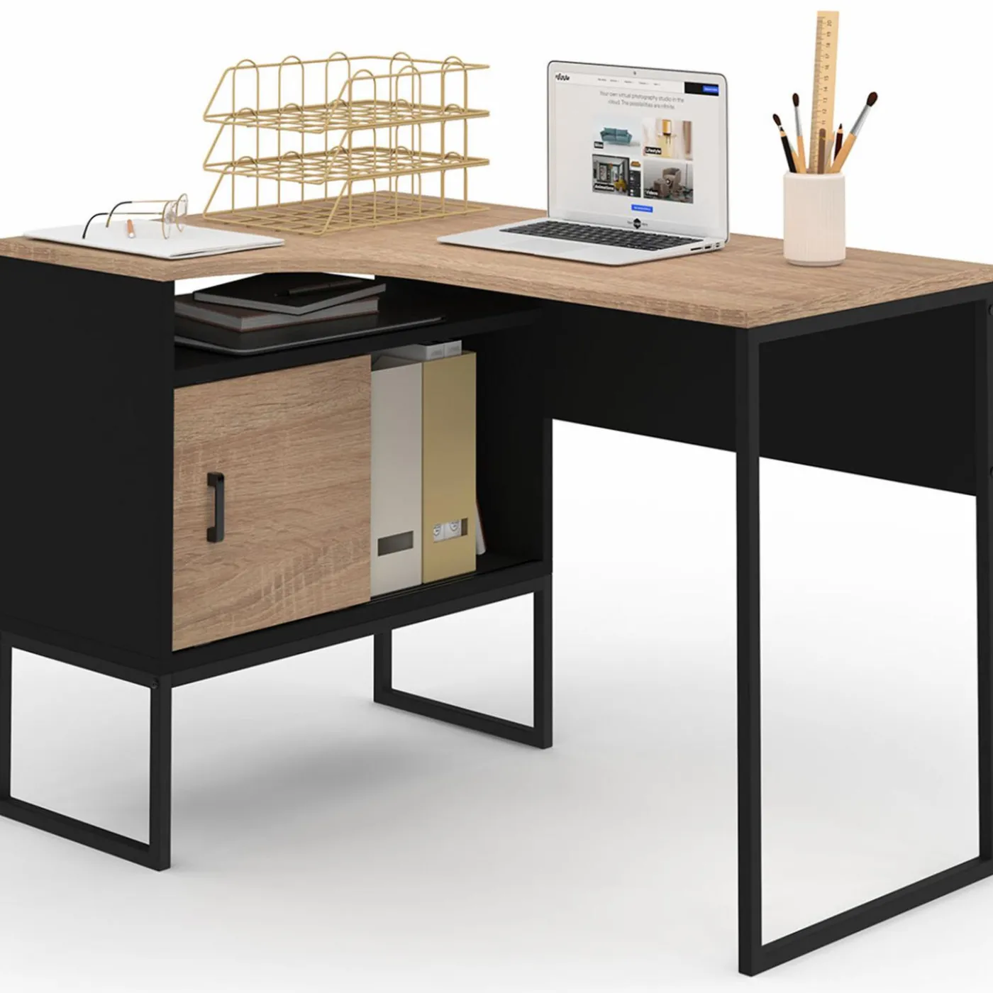 Bureau d’angle industriel métal noir et bois façon hêtre