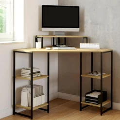 Bureau d'angle industriel avec rangements bois et métal noir