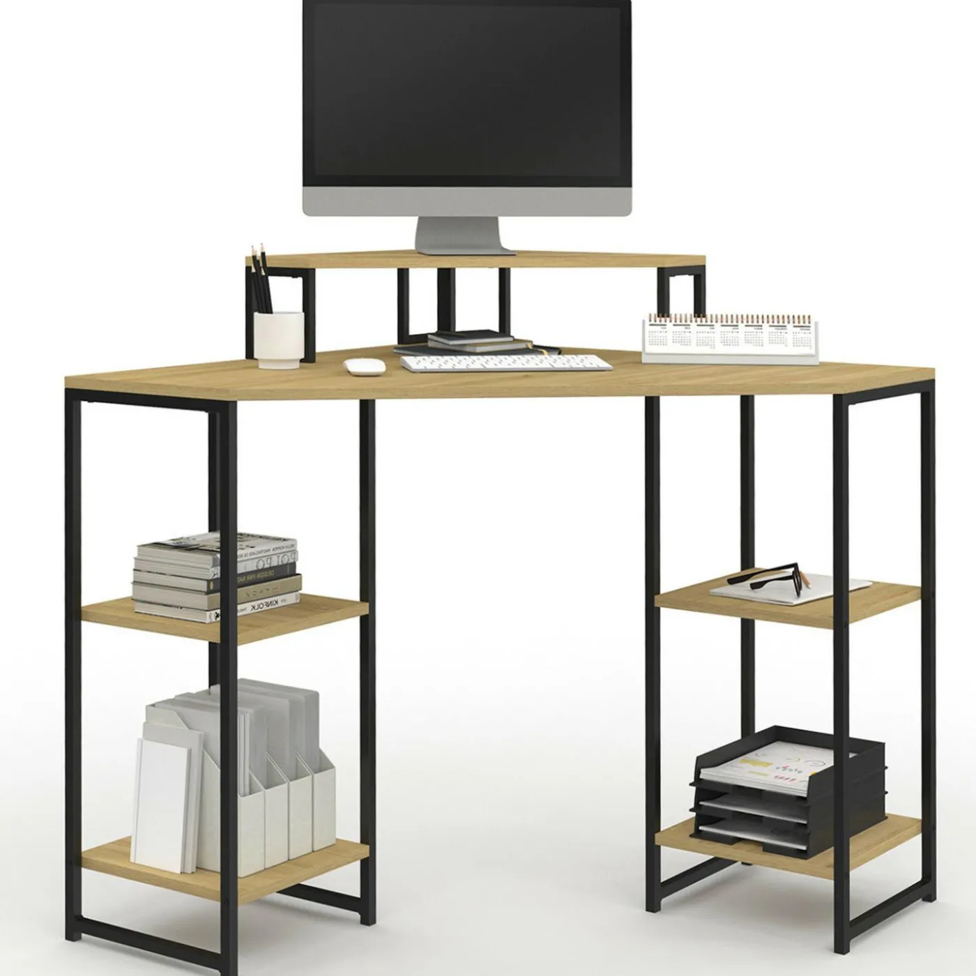 Bureau d'angle industriel avec rangements bois et métal noir