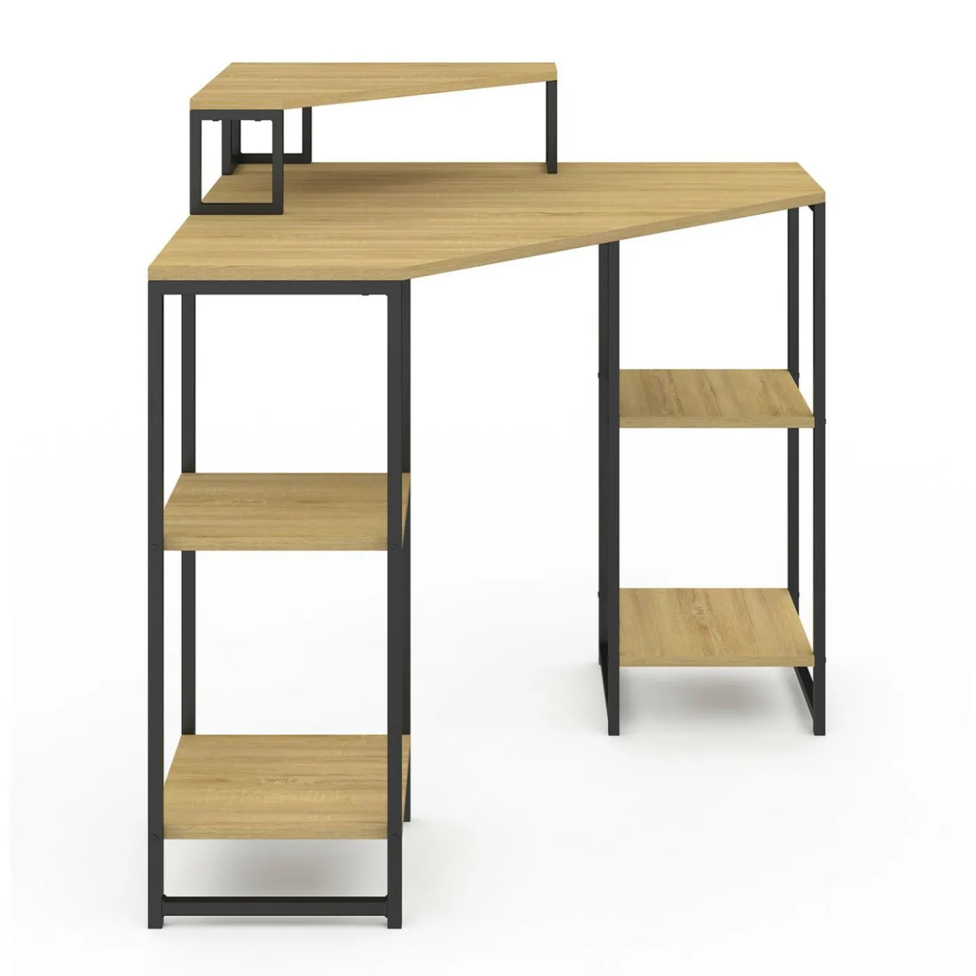 Bureau d'angle industriel avec rangements bois et métal noir
