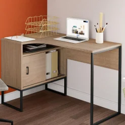 Bureau d'angle industriel noir et façon hêtre