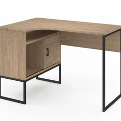 Bureau d'angle industriel noir et façon hêtre