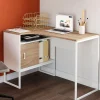 Bureau d’angle industriel métal blanc et bois façon hêtre