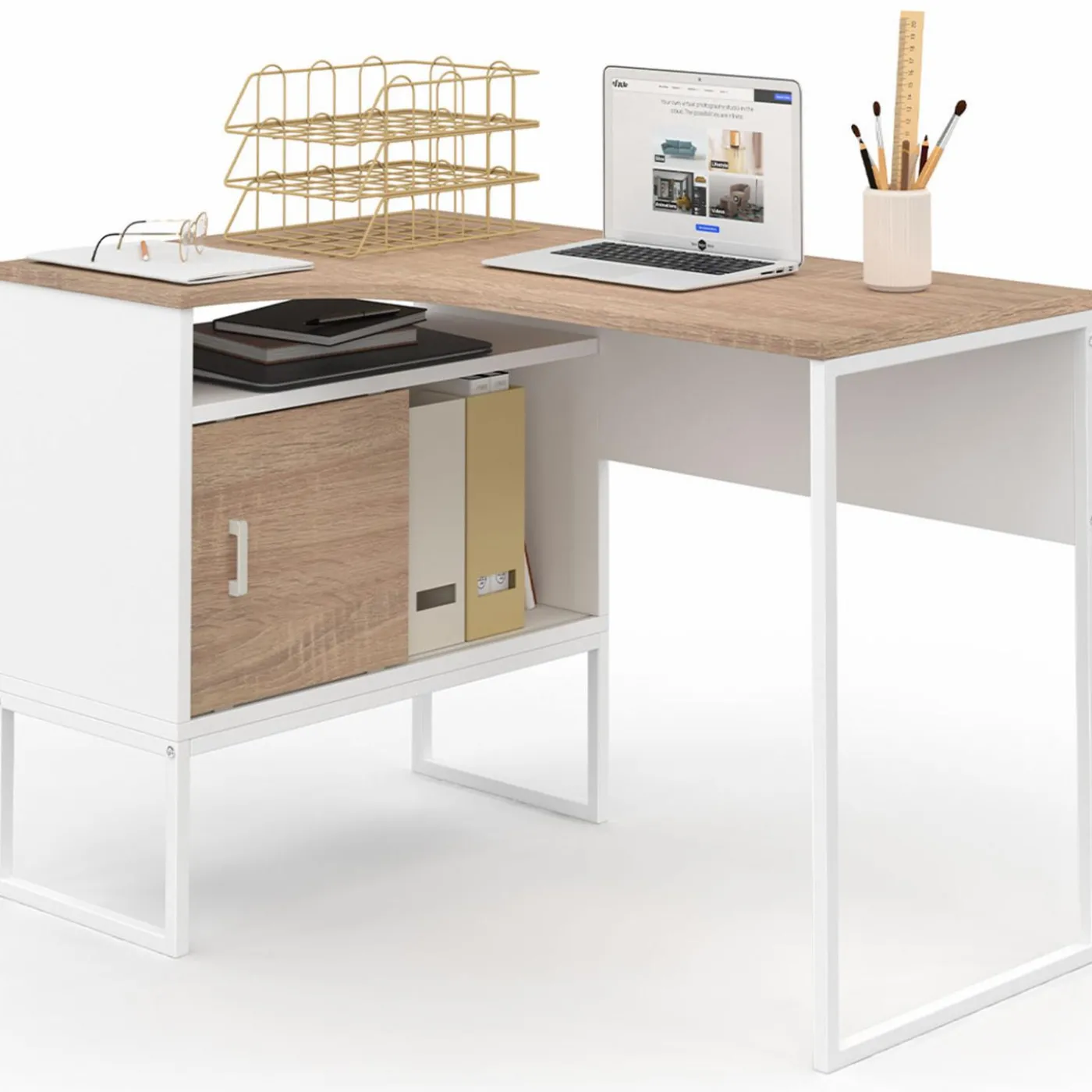 Bureau d’angle industriel métal blanc et bois façon hêtre