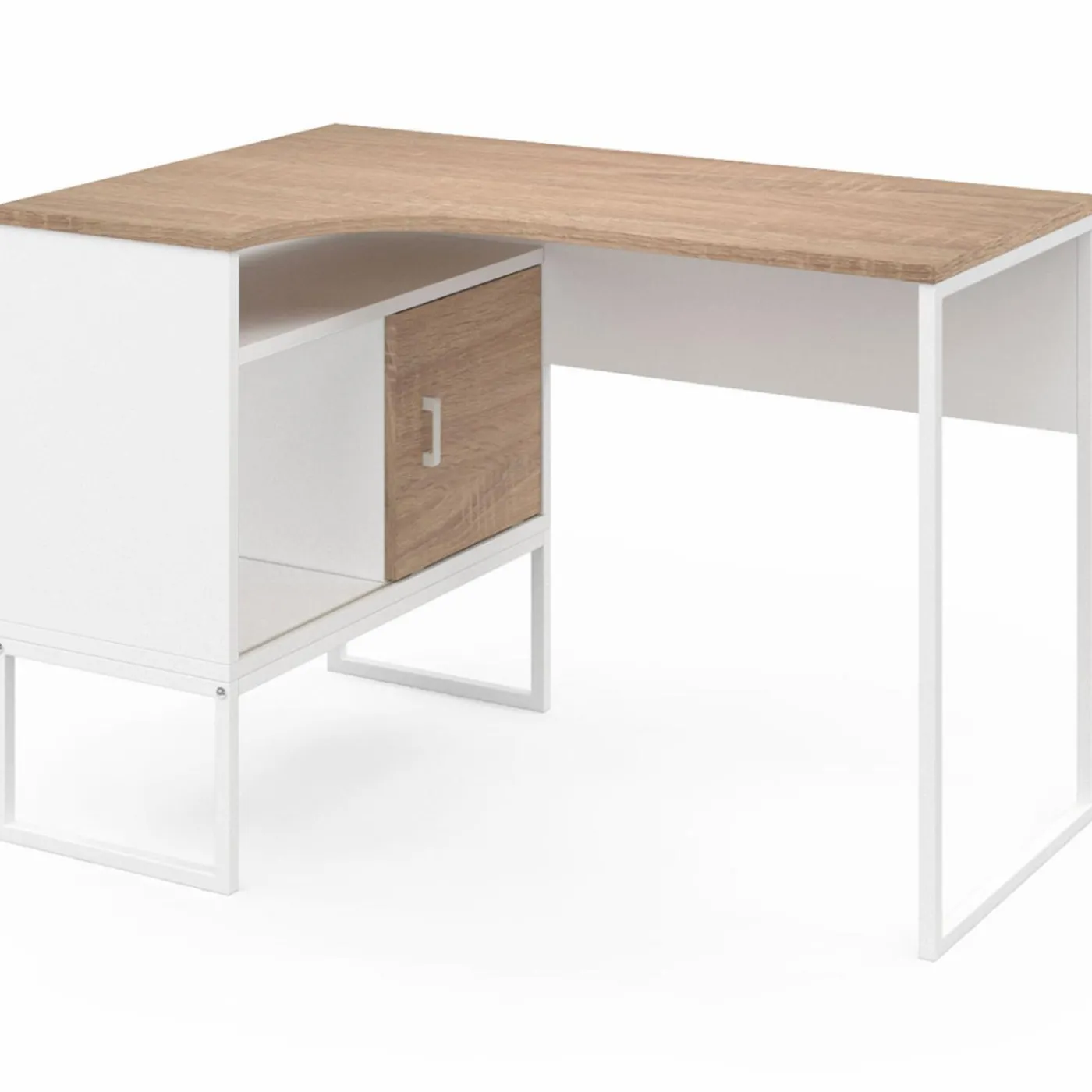 Bureau d’angle industriel métal blanc et bois façon hêtre