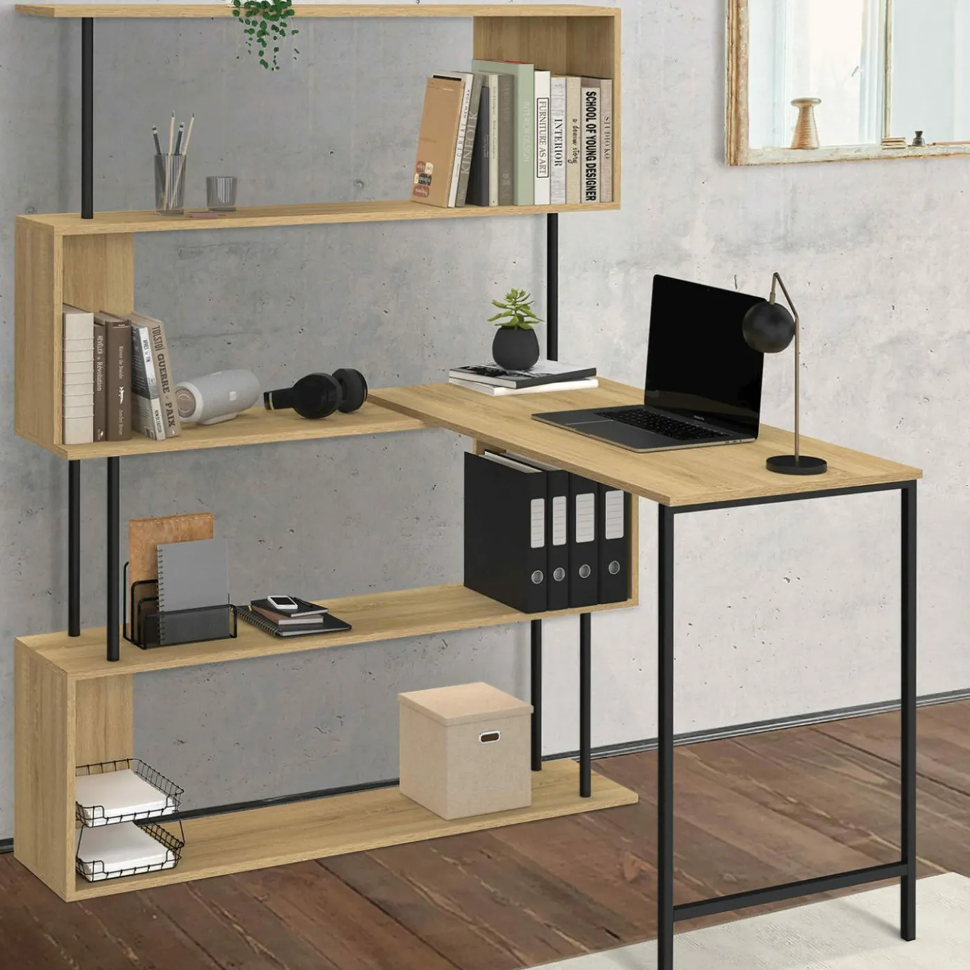 Bureau d'angle industriel rotatif 180° en forme de S