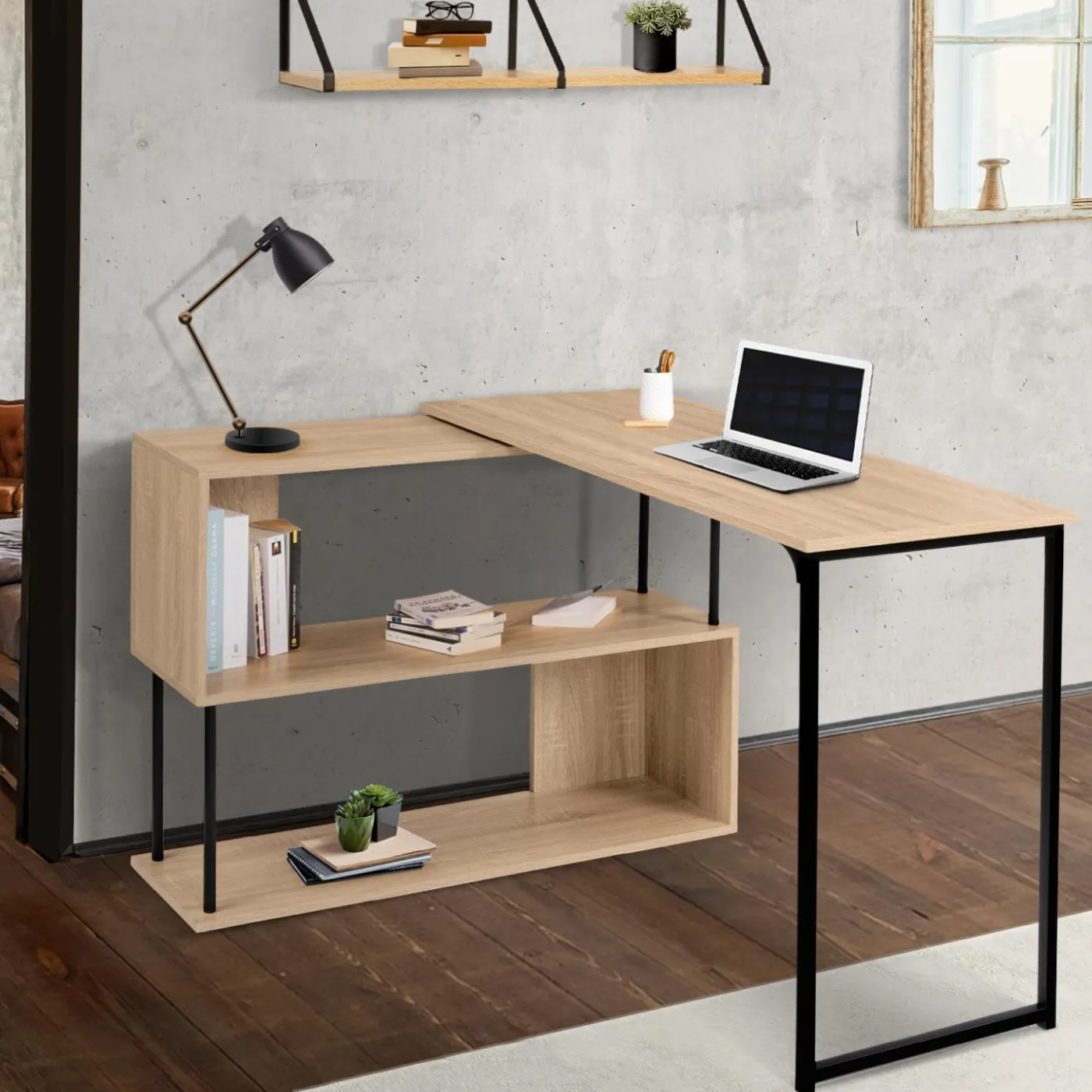Bureau d’angle rotatif 180° industriel avec étagère forme S