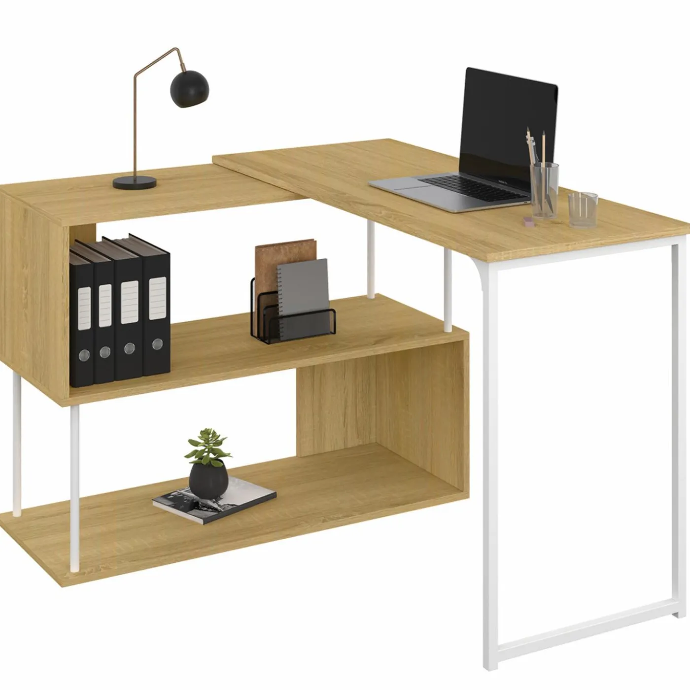 Bureau d'angle rotatif 180° métal blanc et bois