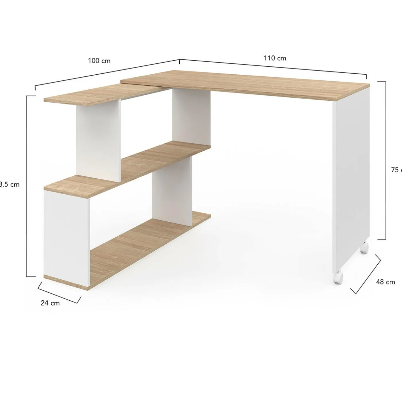 Bureau d'angle rotatif en bois hêtre et blanc