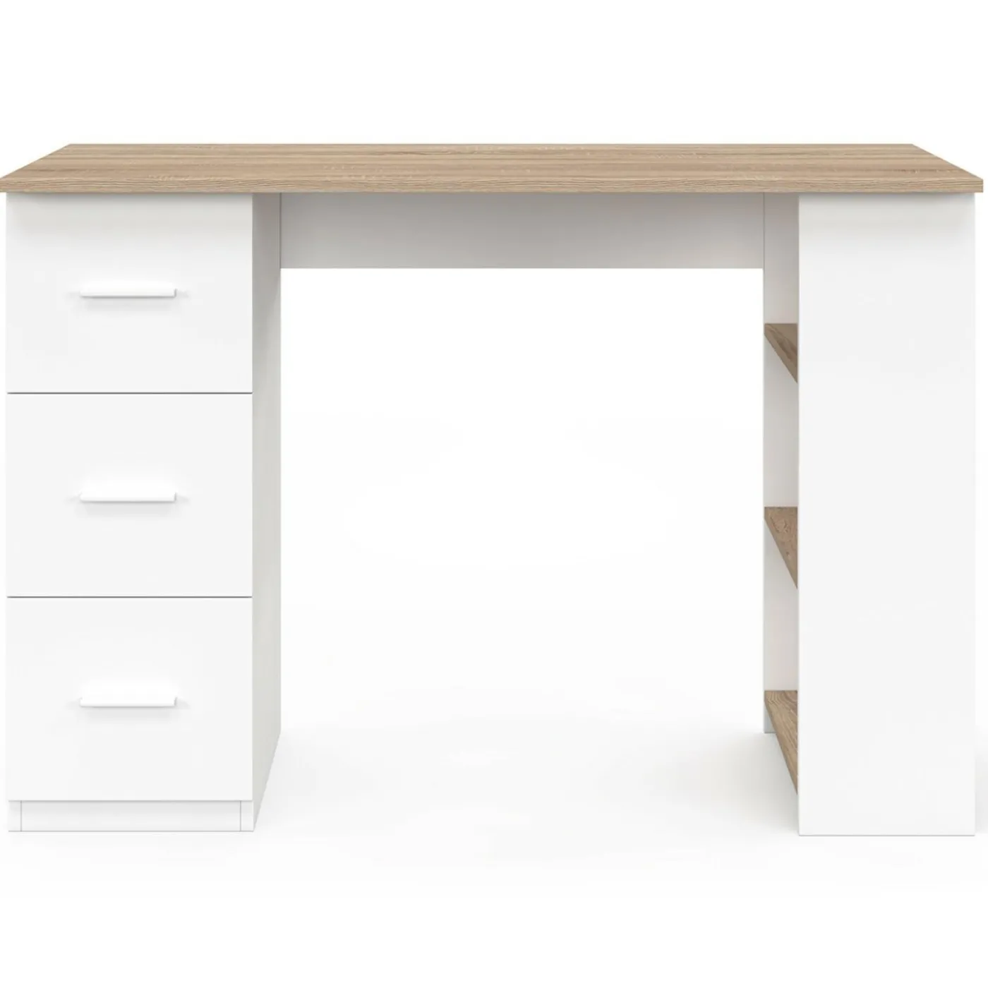 Bureau droit 3 tiroirs avec étagères de rangement blanc et bois