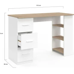 Bureau droit 3 tiroirs avec étagères de rangement blanc et bois