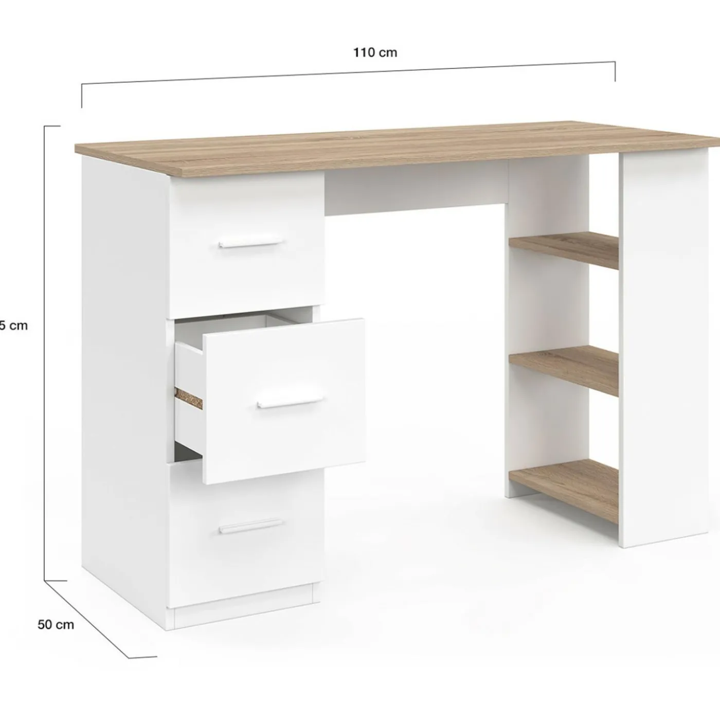 Bureau droit 3 tiroirs avec étagères de rangement blanc et bois