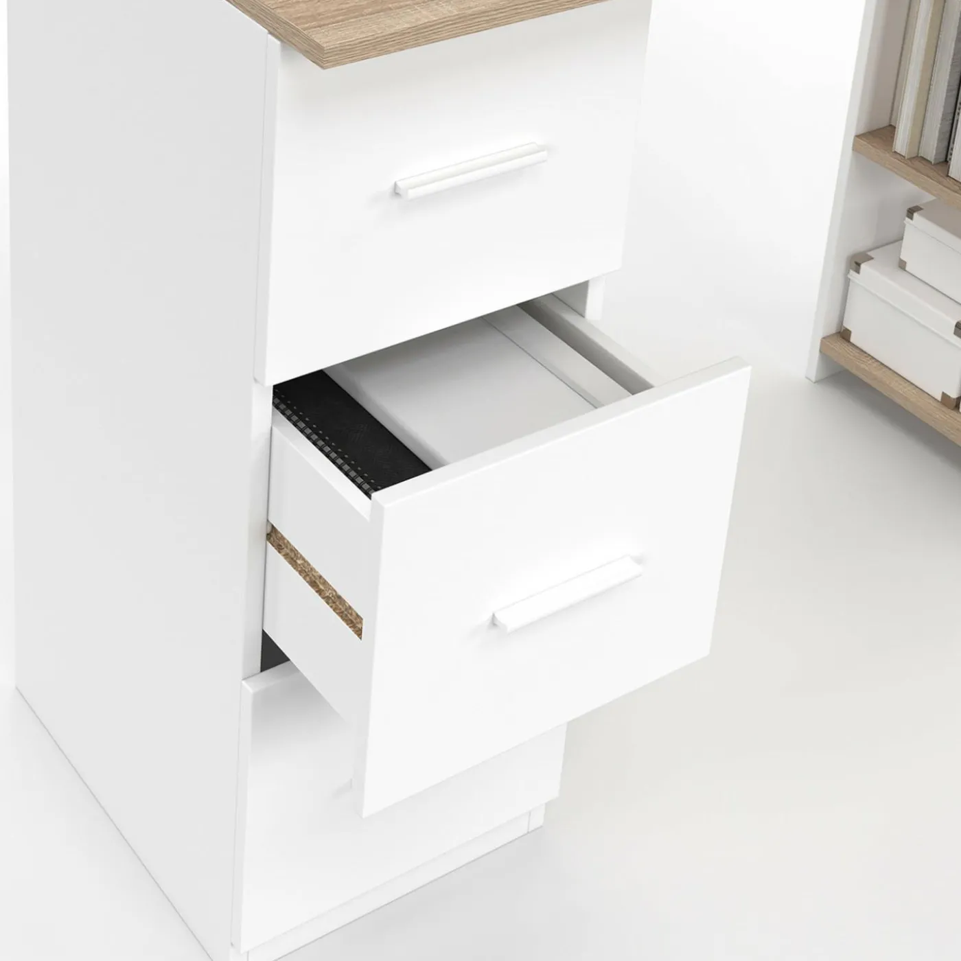 Bureau droit 3 tiroirs avec étagères de rangement blanc et bois