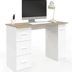 Bureau droit 3 tiroirs et porte placard blanc et bois