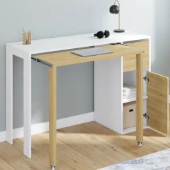 Bureau extensible blanc et bois avec rangements
