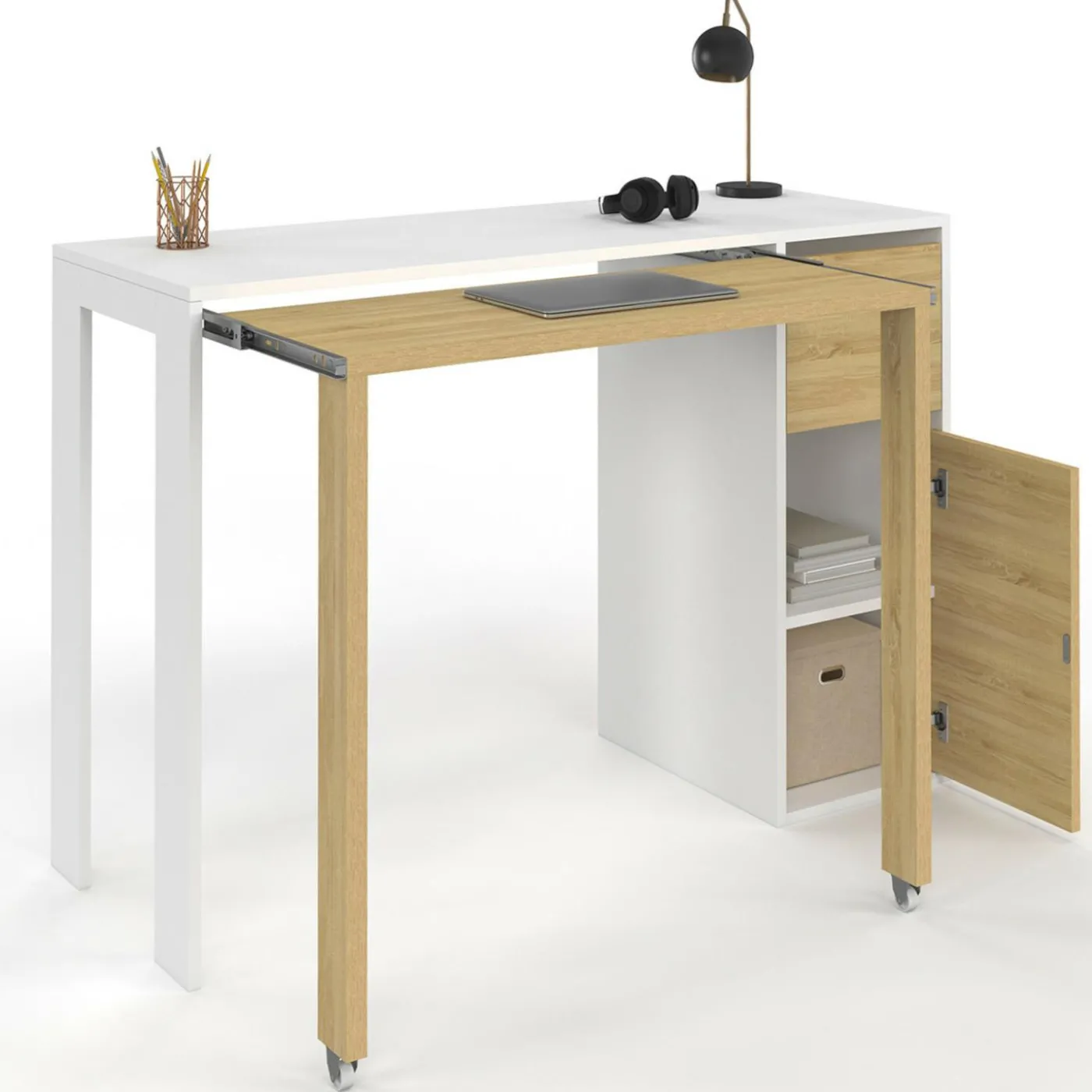 Bureau extensible blanc et bois avec rangements