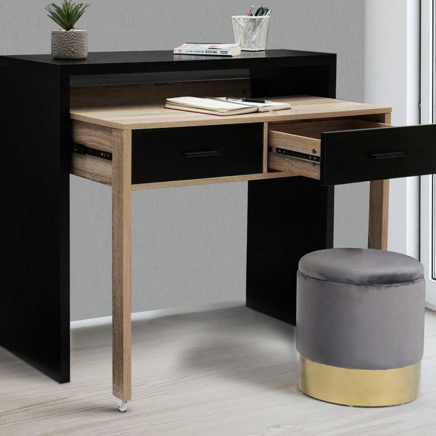 Bureau extensible bois noir et façon hêtre