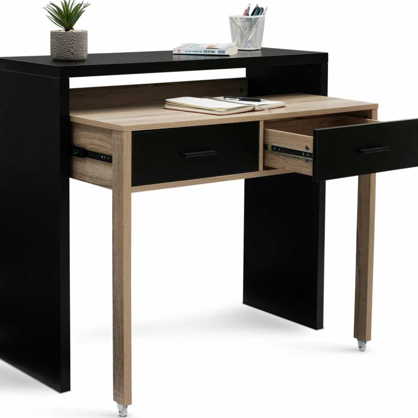 Bureau extensible bois noir et façon hêtre