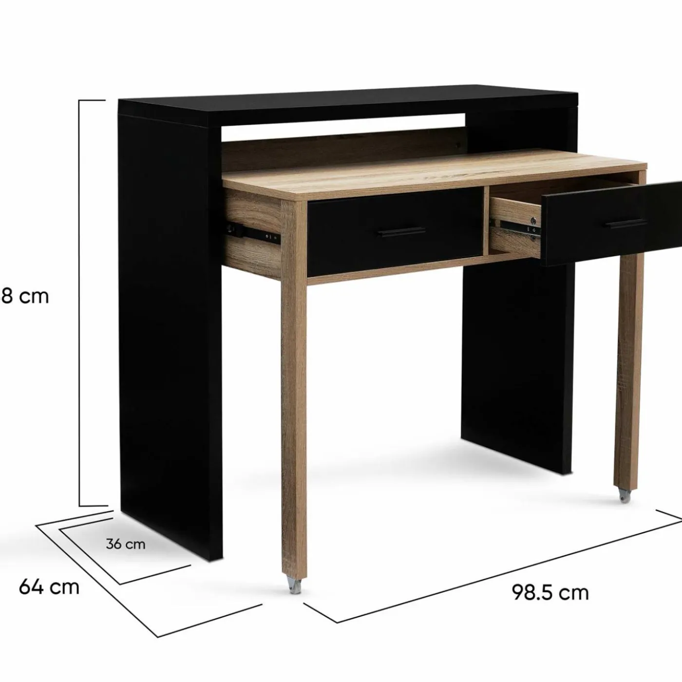 Bureau extensible bois noir et façon hêtre