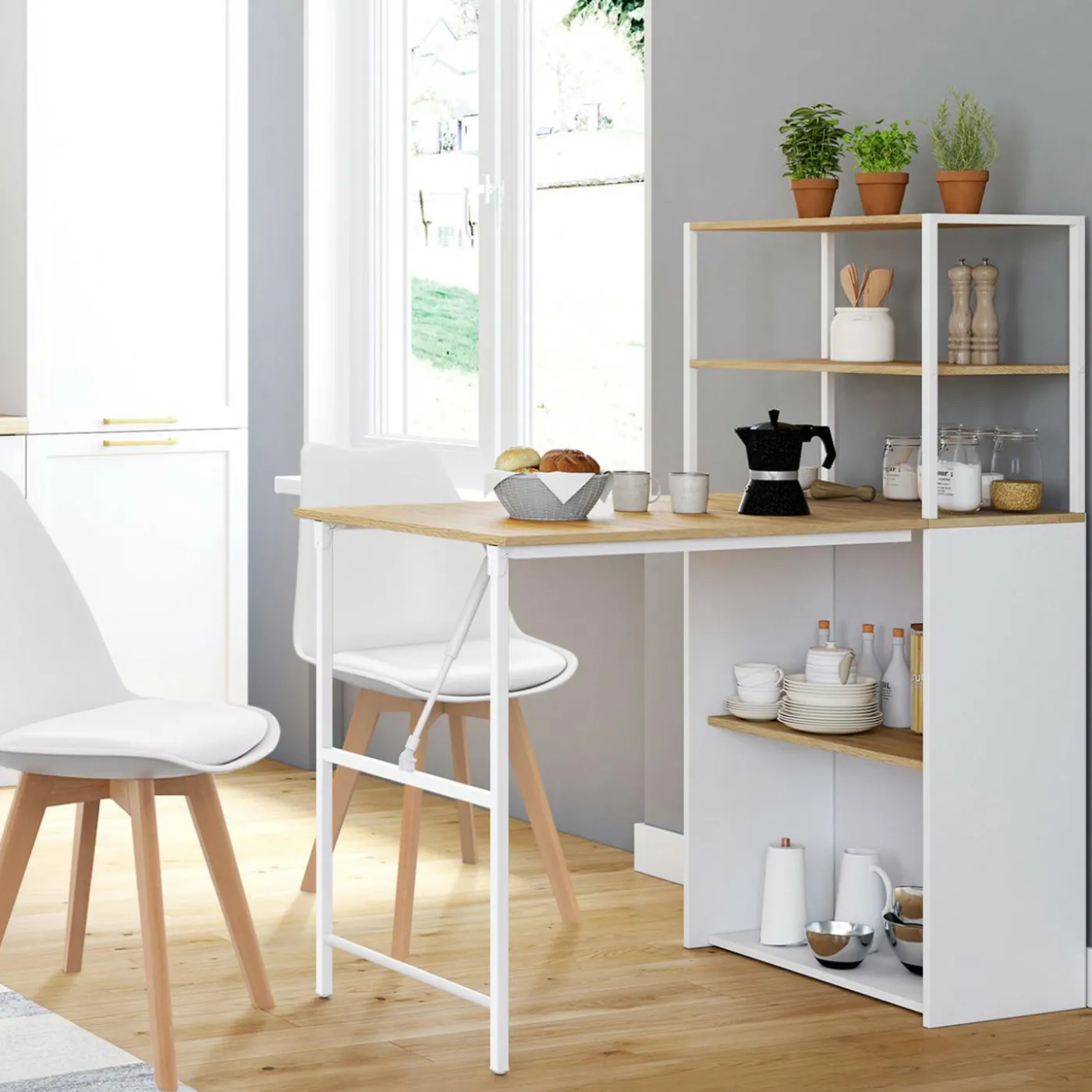 Bureau pliable avec étagères bois façon hêtre et blanc