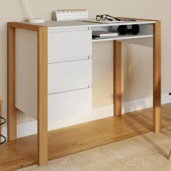 Bureau scandinave blanc et bois avec 3 tiroirs et niche