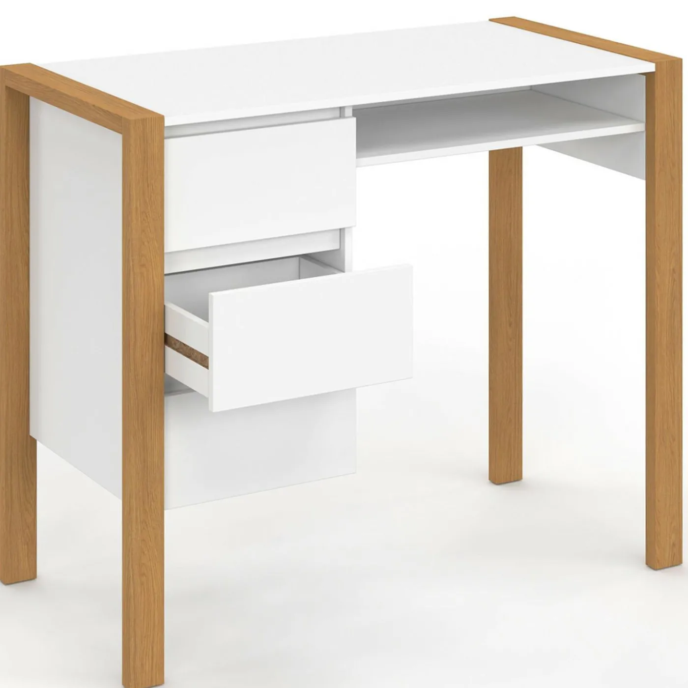 Bureau scandinave blanc et bois avec 3 tiroirs et niche