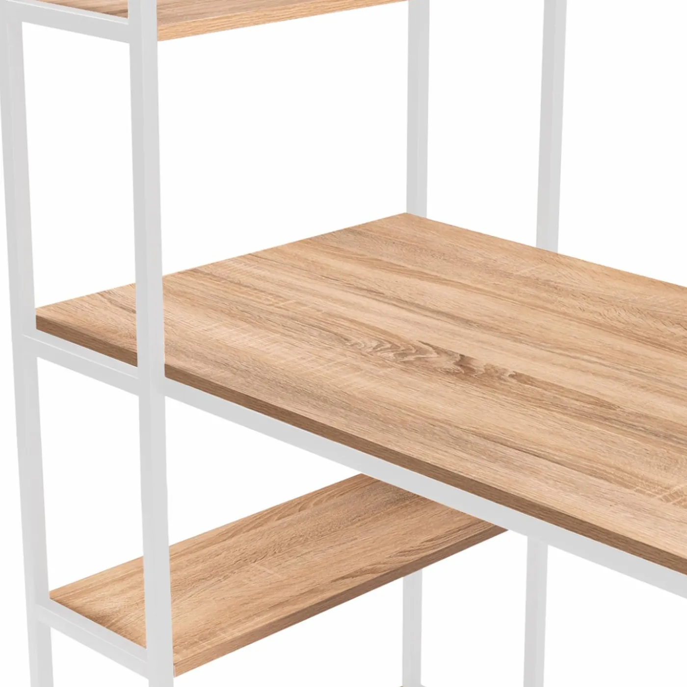Bureau style industriel en métal blanc et bois avec étagères