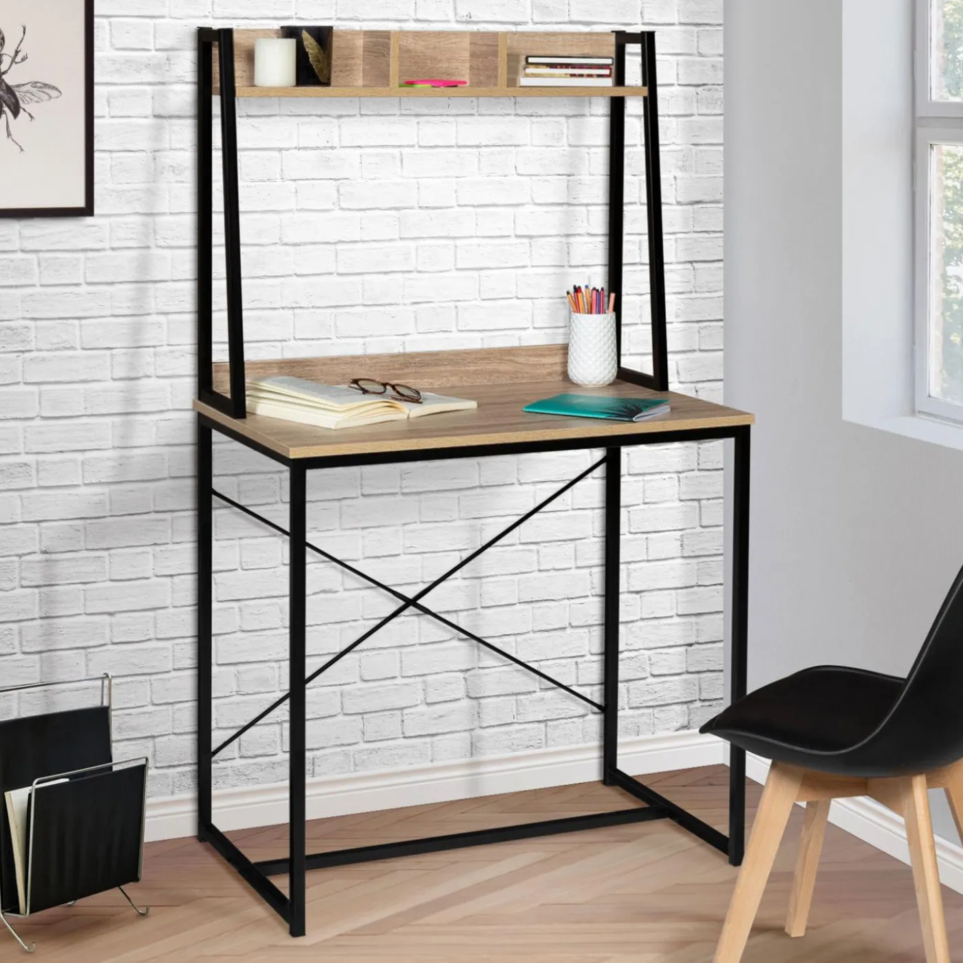 Bureau étagère droit design industriel bois et métal
