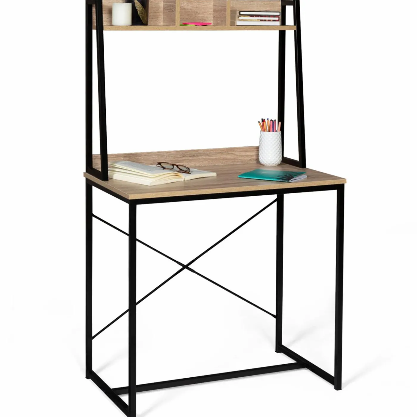Bureau étagère droit design industriel bois et métal