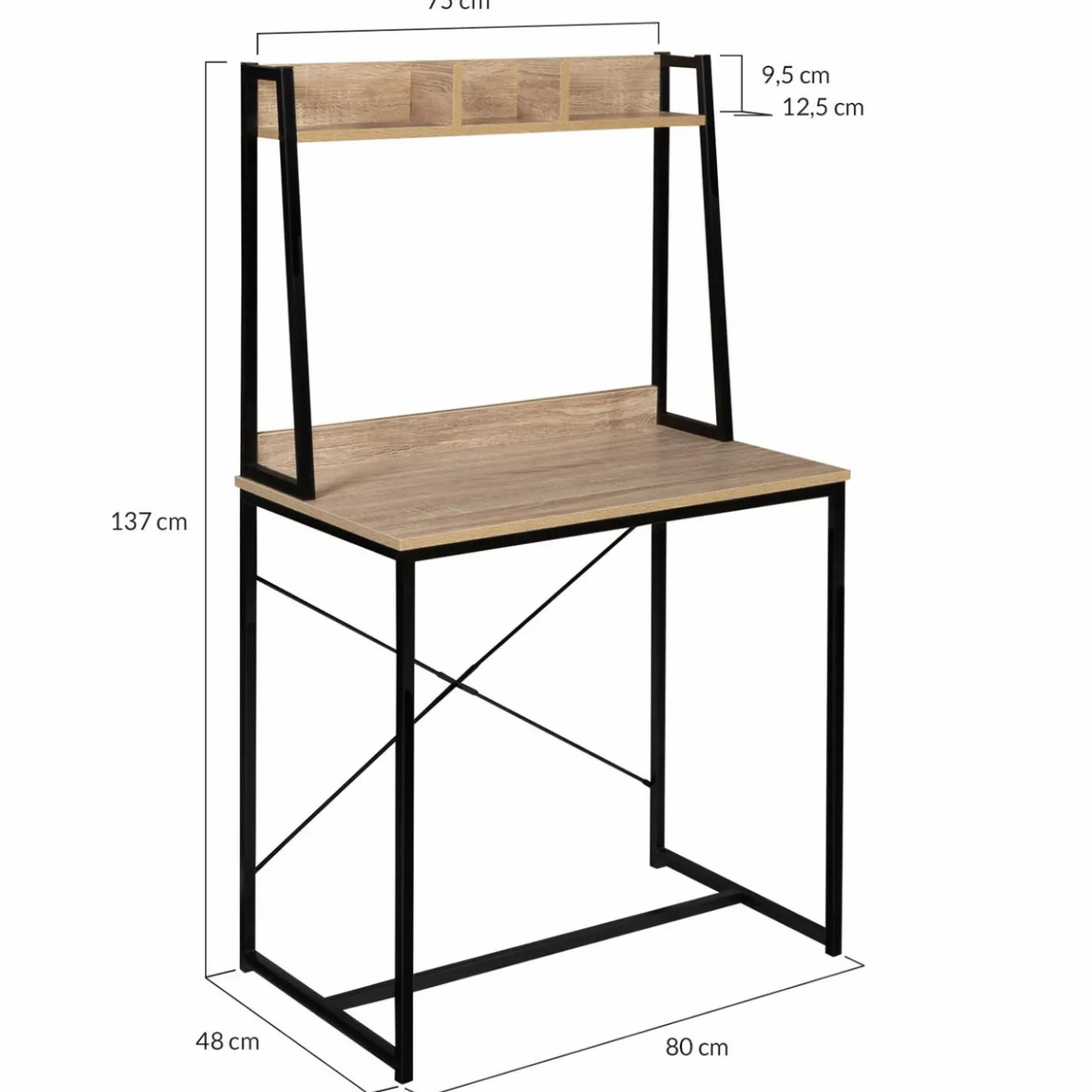 Bureau étagère droit design industriel bois et métal