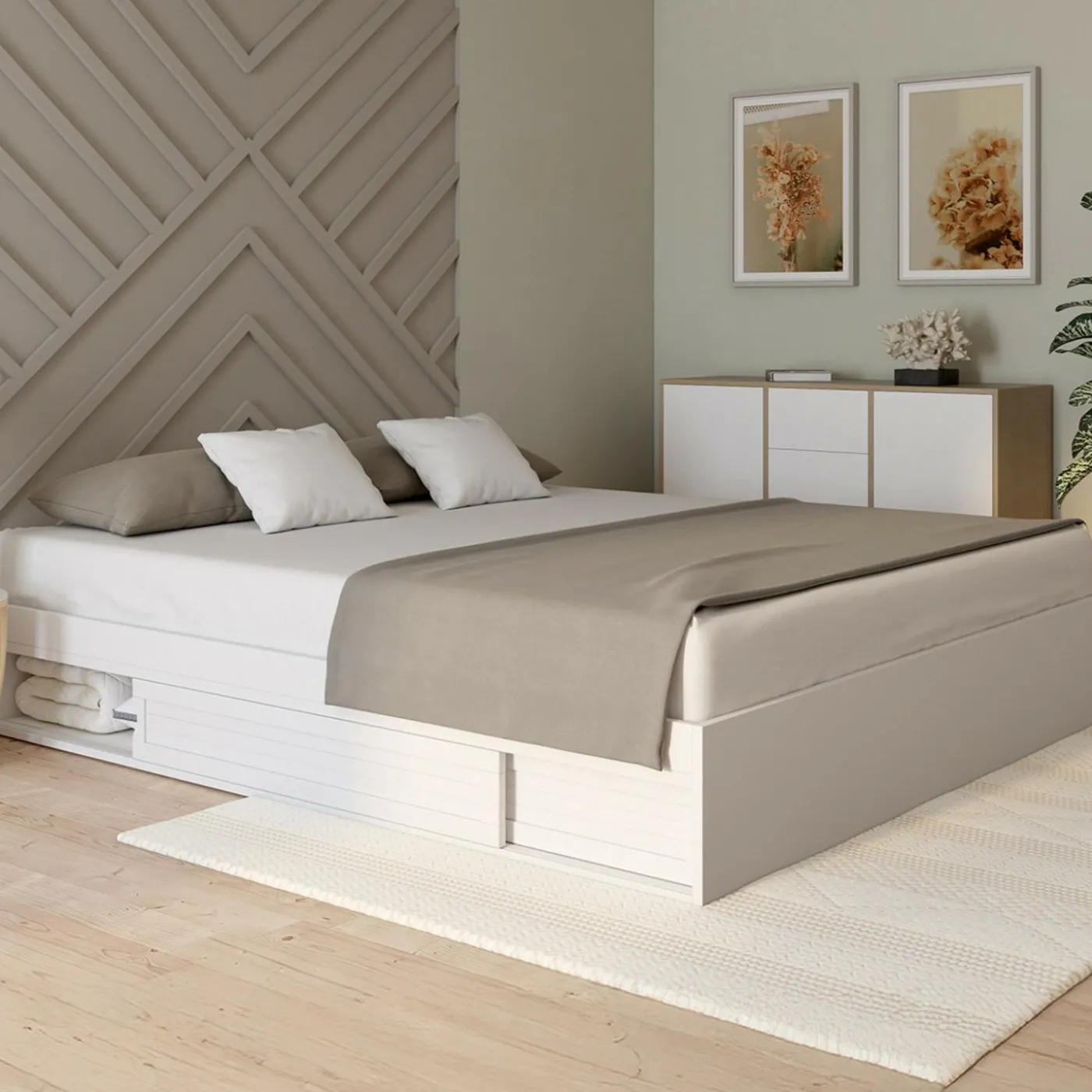 Cadre de lit 180 x 200 cm avec rangements et sommier blanc