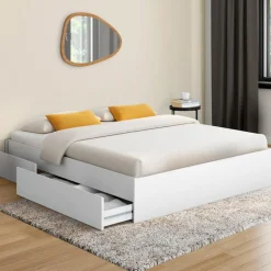 Cadre de lit double 140x190 blanc avec 4 tiroirs et sommier