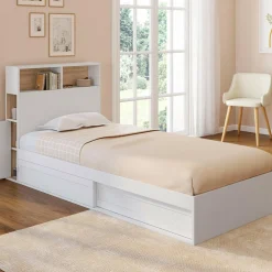 Cadre de lit simple 90x190 cm blanc et hêtre avec tête de lit et rangement