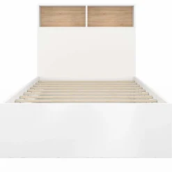 Cadre de lit simple 90x190 cm blanc et hêtre avec tête de lit et rangement