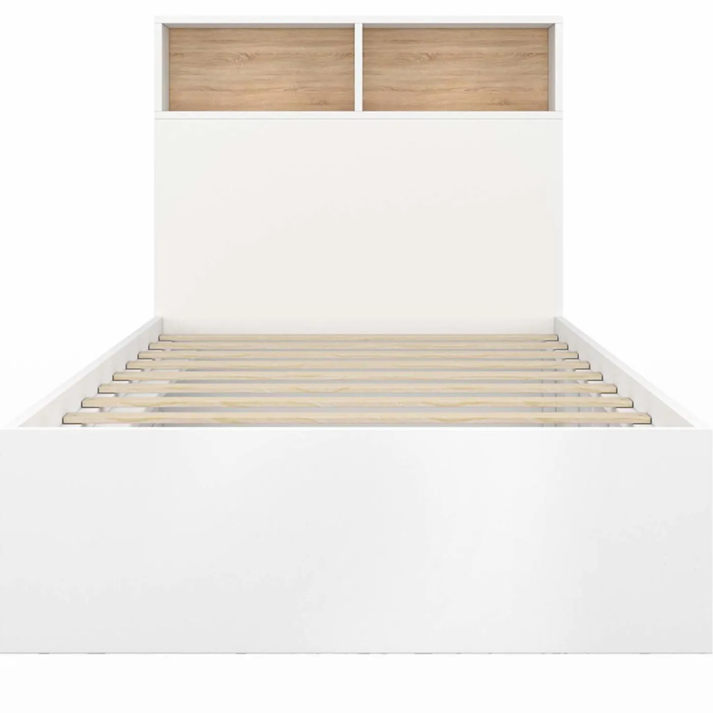 Cadre de lit simple 90x190 cm blanc et hêtre avec tête de lit et rangement
