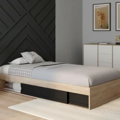 Cadre de lit simple 90x190 cm bois façon hêtre et noir avec rangement et sommier 10 lattes